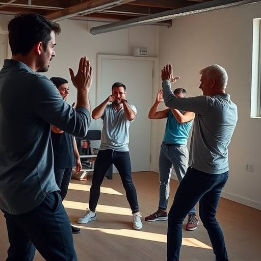 Actors learning physical expression and movement techniques in Movement for Actors class